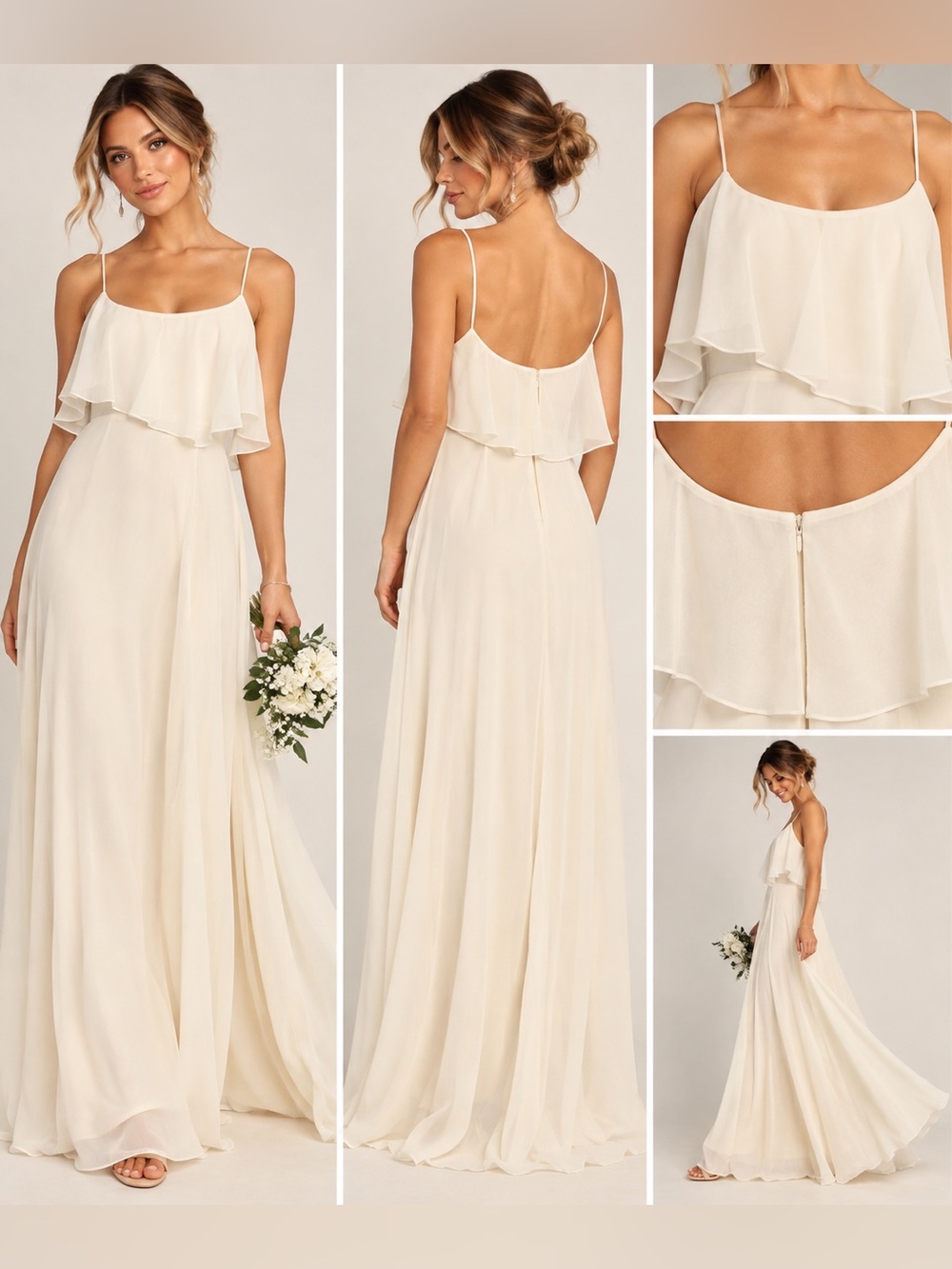 Cinderella Cream Chiffon Ruffle Maxi Formal Bridesmaid Dress Size 6